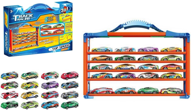 Set racebaan met omgekeerde lussen en opbergrek voor autootjes