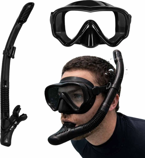 Snorkelset – zwarte masker met panoramisch glas en droge snorkel