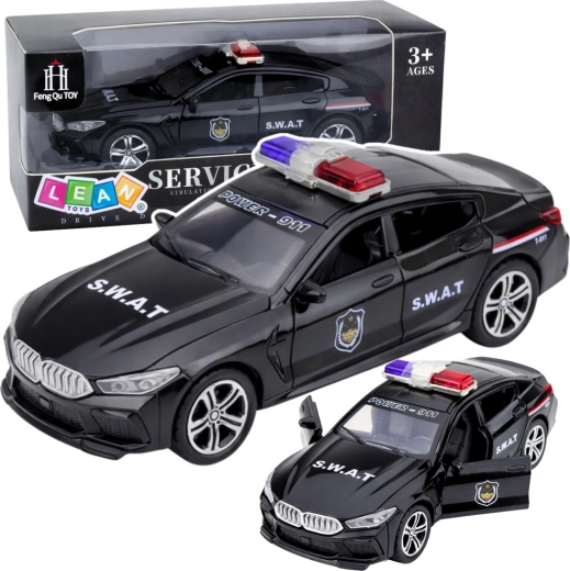 SWAT-politiewagen met lichten en geluiden, openslaande deuren, zwart