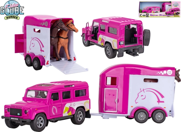 Kids Globe Land Rover met paardentrailer – roze metalen model met terugtrekfunctie