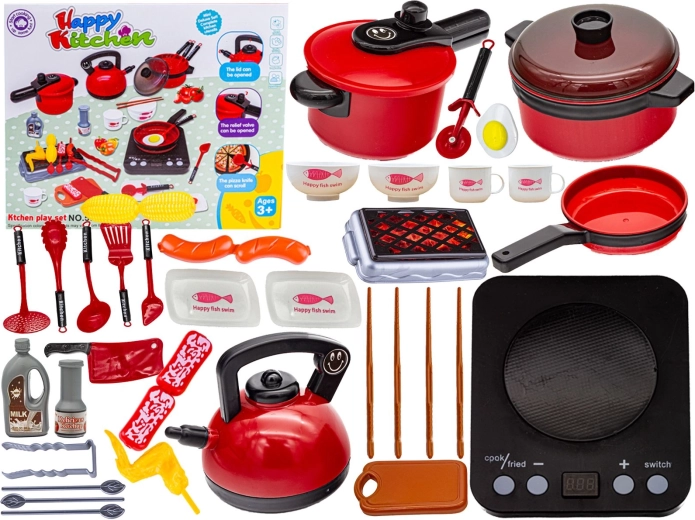 Rode kinderkeukenset om te koken met kookplaat, pannen en accessoires
