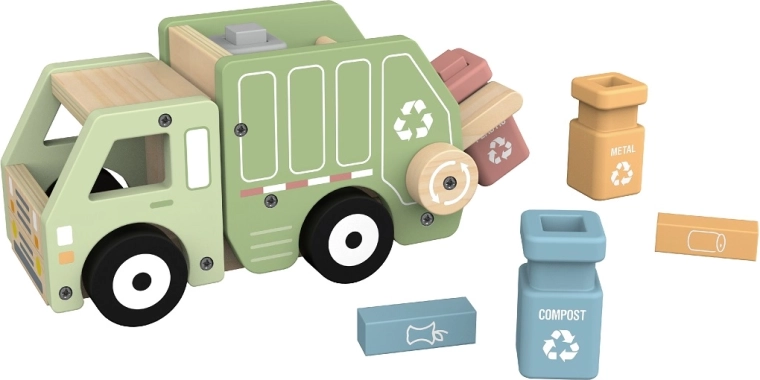 2Kids Toys houten vuilniswagen voor recycling met containers