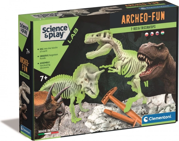 Clementoni Science & Play ArcheoFun: T‑Rex en Triceratops – opgravingsset met lichtgevende skeletten