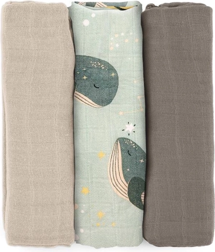 Petite&Mars bamboe mousselinen doeken Moussy whale song 68 × 68 cm, 3 stuks