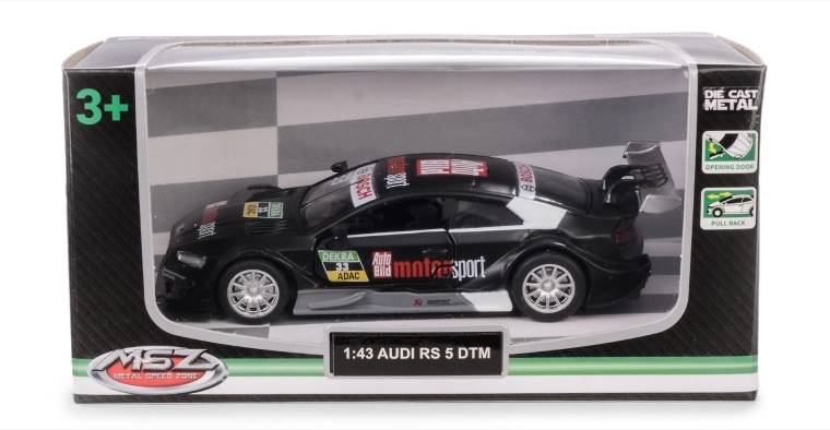 Modelauto AUDI RS 5 DTM 1:43 zwart metalen met te openen deuren en pull-back