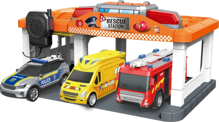Hulpdienstenstation met brandweer, politie en ambulance met licht en geluid