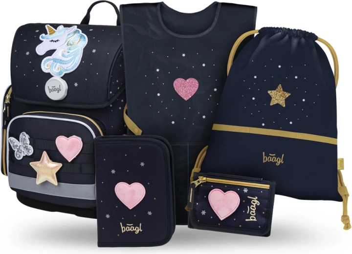 Baagl schoolset 5 stuks Ergo Unicorn Gold – boekentas, etui, gymzak, schort en portemonnee
