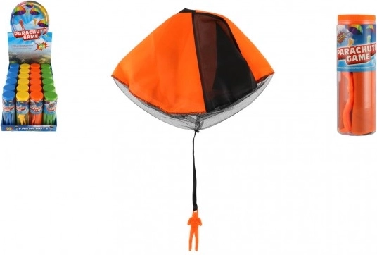 Geweldige parachutespringer-speelgoed met parachute 9 cm in koker, 4 kleuren