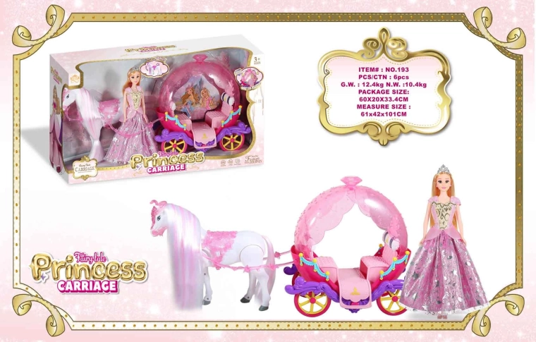 Roze koets met wit paard en prinsessenpop