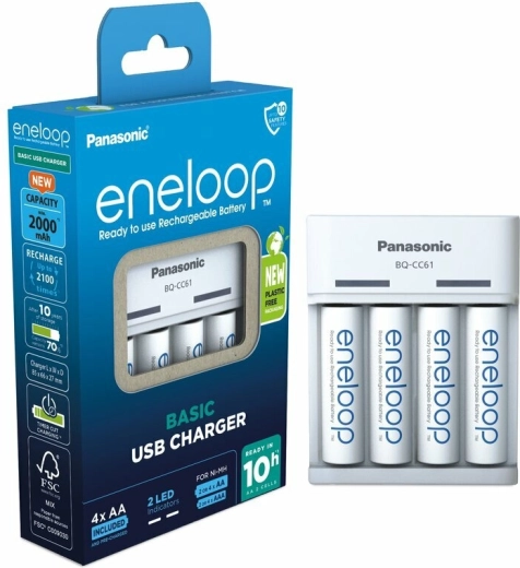 Panasonic Eneloop EKO USB-oplader BQ-CC61 + AA oplaadbare batterijen 2000 mAh (4 stuks)