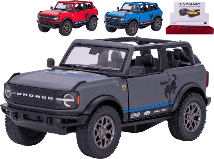Kinsmart Ford Bronco 2022 metalen automodel met pull-back (13 cm) – mix kleuren, 12 stuks in display