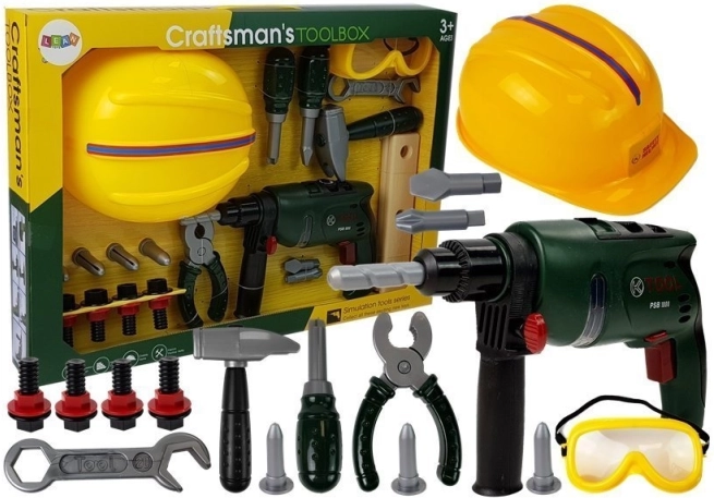 Set van kindergereedschappen met boor, veiligheidsbril en helm
