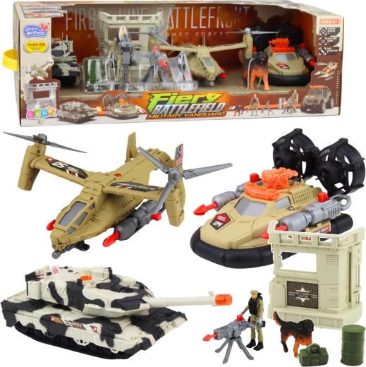 Militaire set – helikopter, tank en hovercraft met soldaten en basis met licht en geluid