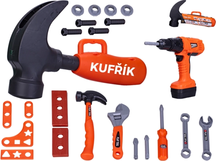 Kindergereedschapsset met accuboormachine in een koffer in de vorm van een hamer