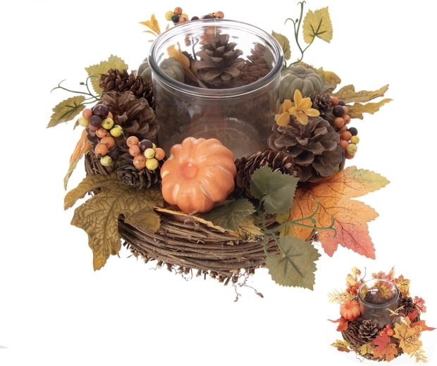 Herfst windlicht van rotan en glas Ø 21 cm (2 varianten)