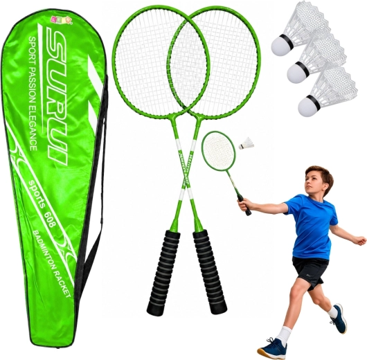 Groene badmintonset: 2 rackets, 3 plastic shuttles en tas