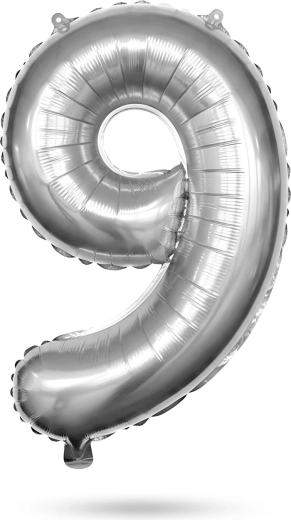 Zilveren folieballon in de vorm van het cijfer 9, 78 cm