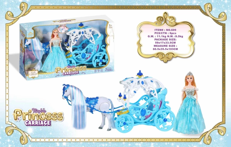 Blauwe koets met wit paard en prinsessenpop