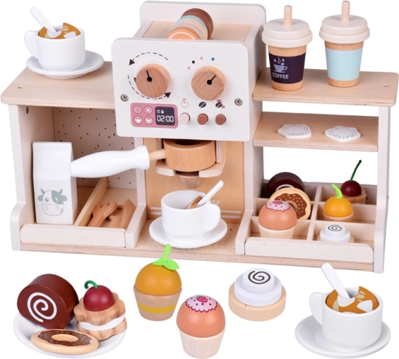 Houten kindercafé met koffiezetapparaat en desserts