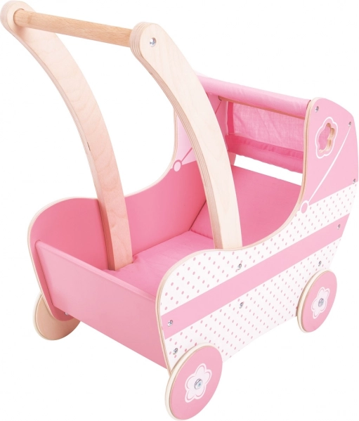 Houten roze poppenwagen
