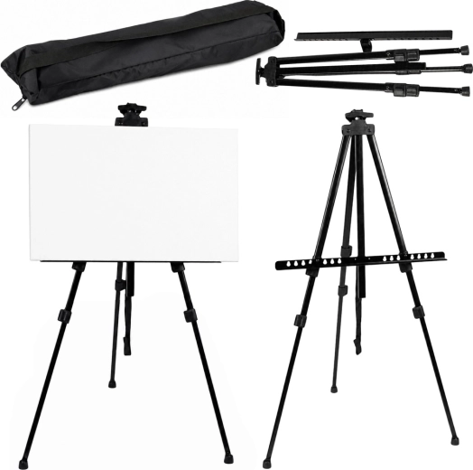 Praktische metalen schildersezel (sztaluga) voor plein air, tripod met draagtas, zwart 158 cm