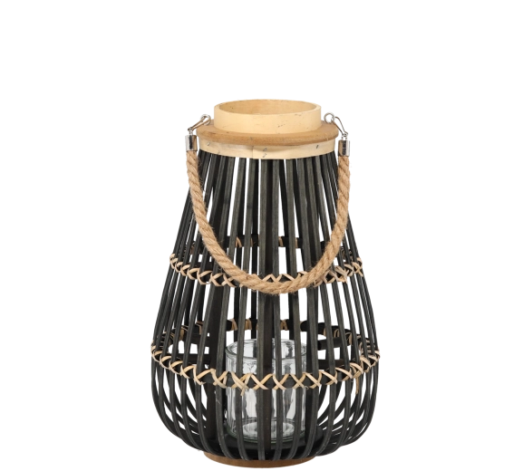 Houten lantaarn 25 × 40 cm met glazen inzet – zwart