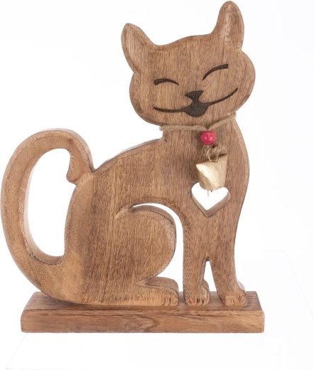 Houten decoratie Kat mango met belletje