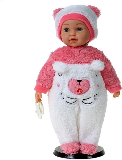 Pratende en zingende baby-pop in een roze-witte onesie