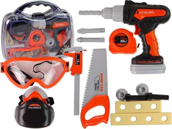 Gereedschapsset met elektrische boormachine en veiligheidsbril