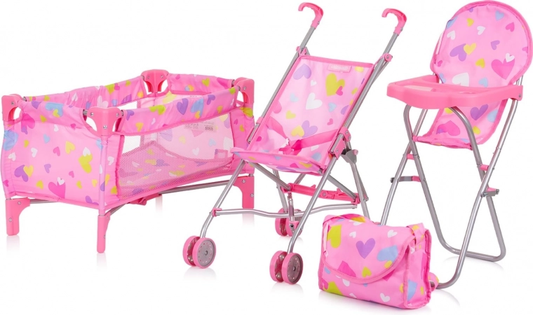 CHIPOLINO set voor poppen 3-in-1 Trixy Hearts – kinderwagen, bedje en kinderstoel