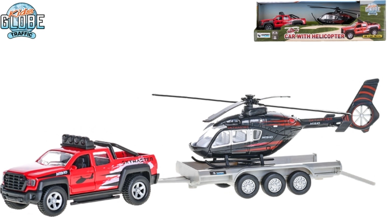 Kids Globe Traffic terreinwagen met aanhanger en helikopter met pull-back