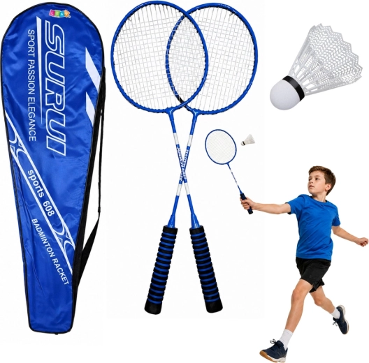 Badmintonset – 2 rackets, plastic shuttle en hoes (blauw)
