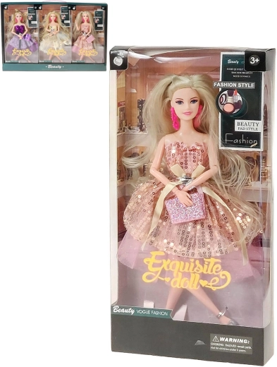 Modieuze blonde pop in glinsterende baljurk met handtas en oorbellen - 1 stuk