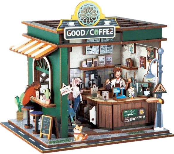 3D houten bouwpakket koffiebar met lichteffecten 14,5 × 16 × 15,8 cm