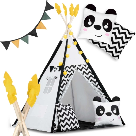 Kinder-tipi met slinger en lichtjes Nukido – zwart-wit met panda