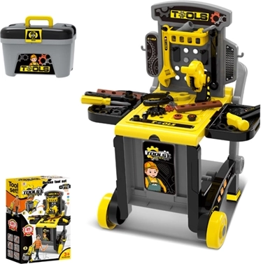 Kinderwerkplaats met gereedschap met kastje en kar