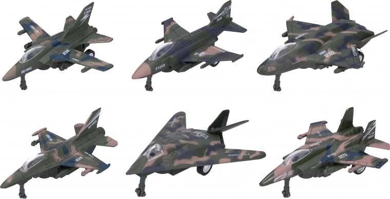 Metalen-kunststof straaljager 12 cm met pull-back, mix van 6 stuks in box