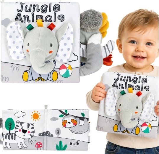 Zacht sensorisch boekje voor baby’s met olifantje (knispert, piept en rammelt) grijs