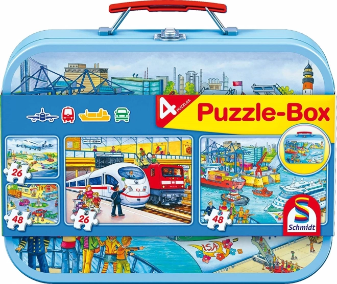 Puzzel vervoer 4-in-1 in een metalen koffertje