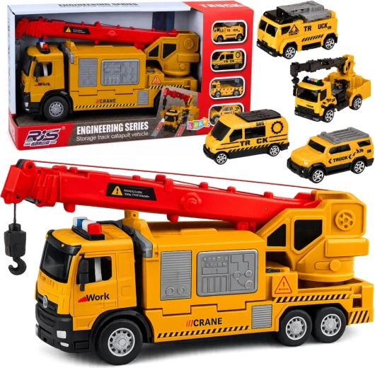 Gele kraanwagen met autotransporter met licht en geluid (4 mini voertuigen)