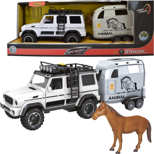 Terreinwagen met aanhanger en paard 1:14 met geluiden en lichten