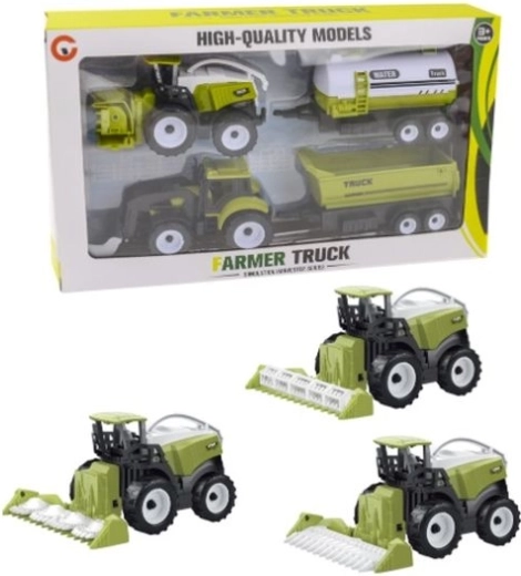 Set landbouwvoertuigen: maaidorser en tractor met aanhangers