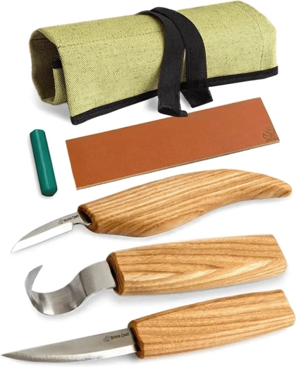 BeaverCraft S13 uitgebreide lepelsnijset (3 messen in rol + accessoires)