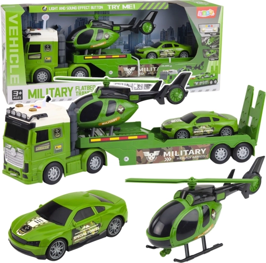 Militaire set – vrachtwagen met oplegger, helikopter en auto met licht en geluid