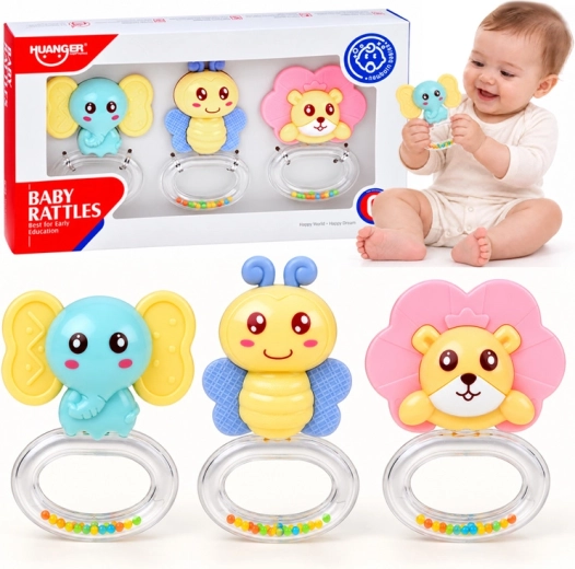 Rammelaar en bijtring 2-in-1 met dieren – set van 3 stuks