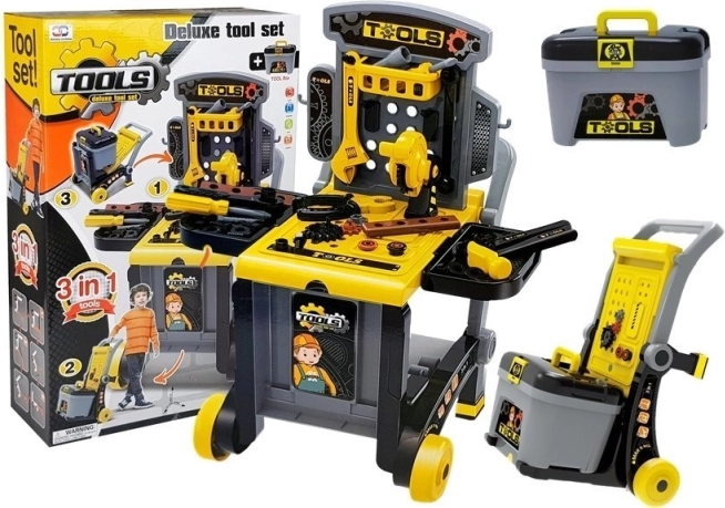 Kinderwerkbank 3-in-1 met kar en gereedschapskoffer