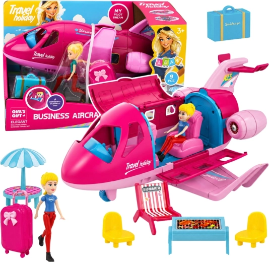 Uitklapbaar poppenvliegtuig – reisset met accessoires, 9 stuks, roze