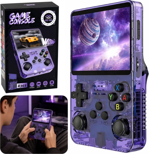 Draagbare retro gameconsole R36S met 3,5" IPS-display – paars