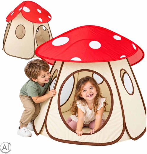 Opvouwbare kindertent in de vorm van een vliegenzwam