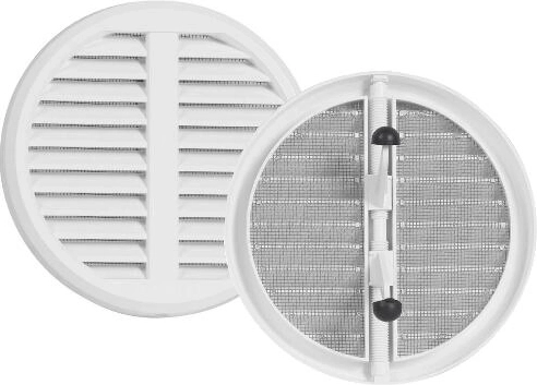 Verstelbaar ventilatierooster met gaas en kap, kunststof, wit, diameter 125–160 mm